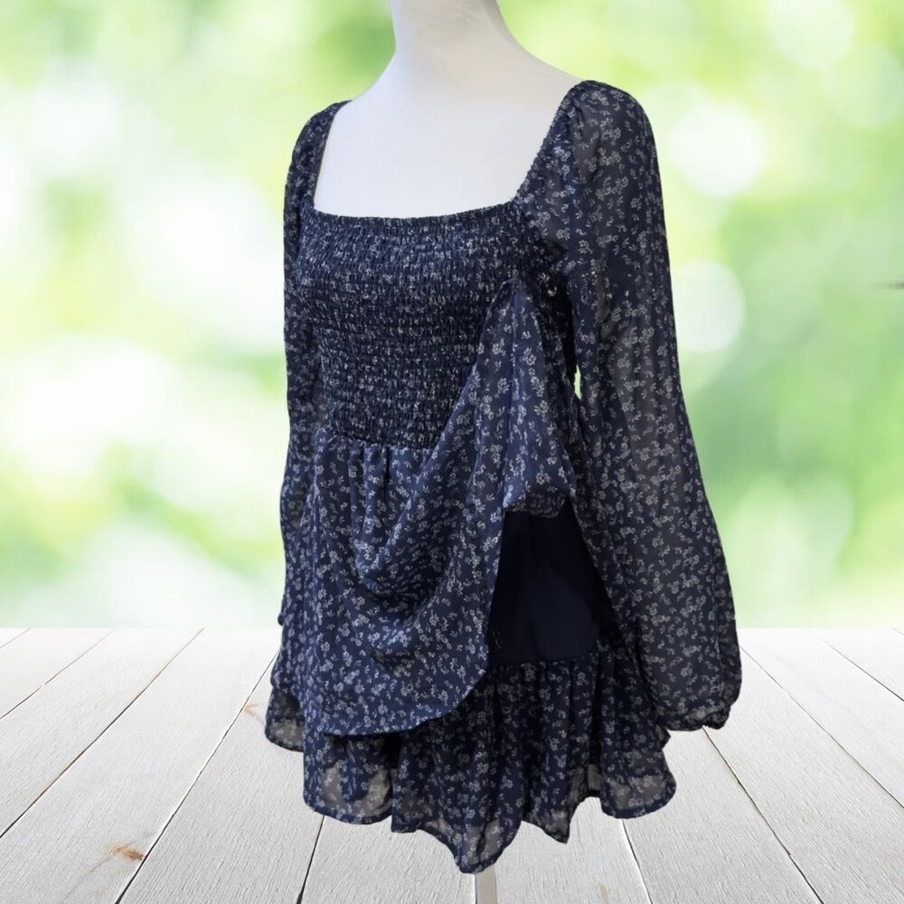 ARDEN B Mini Dress Built In Shorts Blue Floral Smocked Tiered Layered EUC Sz XL - Picture 15 of 16